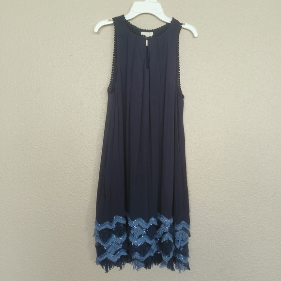 anthropology Maeve Navy Blue Sequin Fringe Fringe Sleeveless Short Dress Sz‎ 2 - Picture 3 of 16